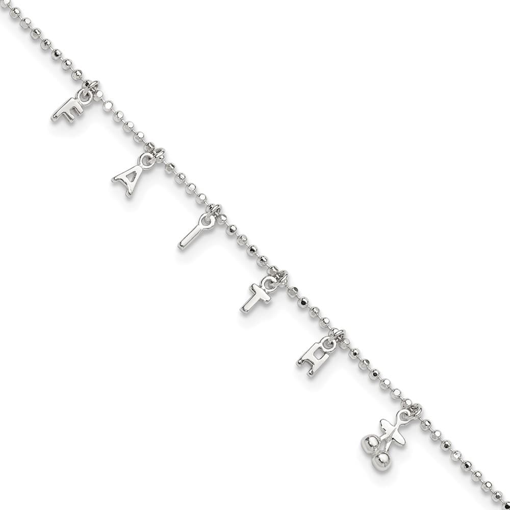Sterling Silver Faith Letters Anklet — .925 sterling silver, 11 inches long, 1 inch extension, 1.5 mm wide, spring ring clasp, 2.62 g