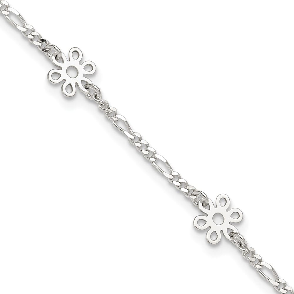 Sterling Silver Figaro /Flowers 5-Station Anklet — .925 sterling silver, 10 inches long, 1 inch extension, 2 mm wide, lobster clasp, 2.83 g