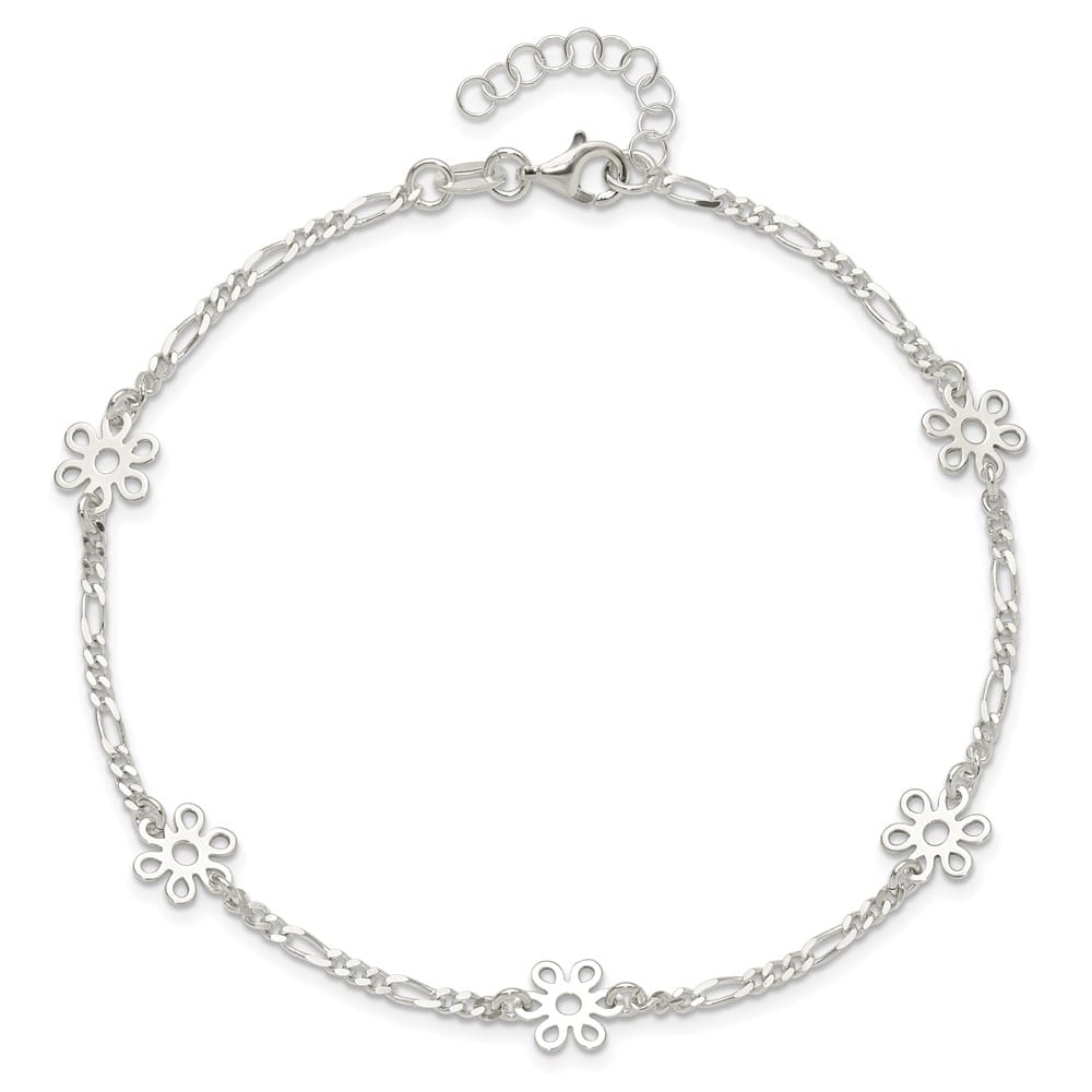 Sterling Silver Figaro /Flowers 5-Station Anklet