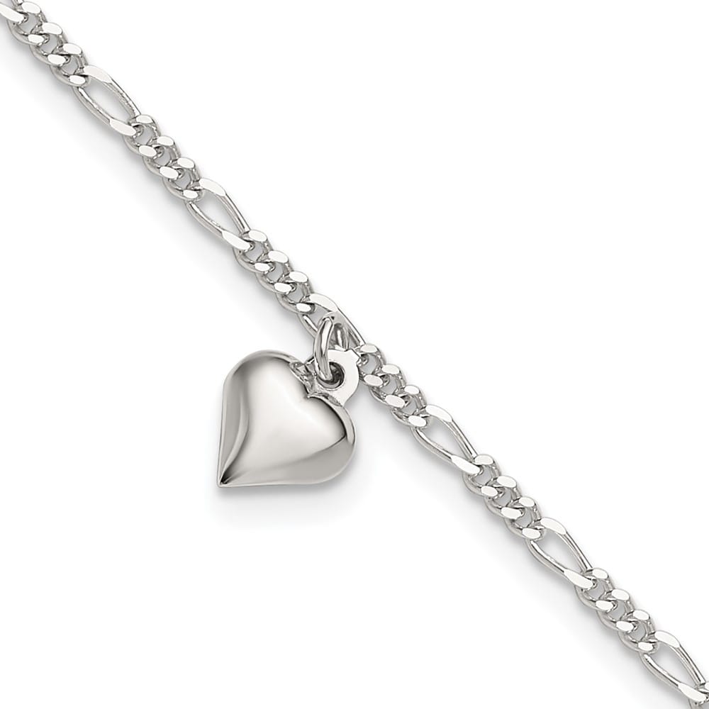 Sterling Silver Figaro with Heart Charm Anklet — .925 sterling silver, 10 inches long, 1 inch extension, 2 mm wide, lobster clasp, 2.78 g