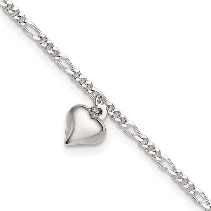 Sterling Silver Figaro with Heart Charm Anklet — .925 sterling silver, 10 inches long, 1 inch extension, 2 mm wide, lobster clasp, 2.78 g