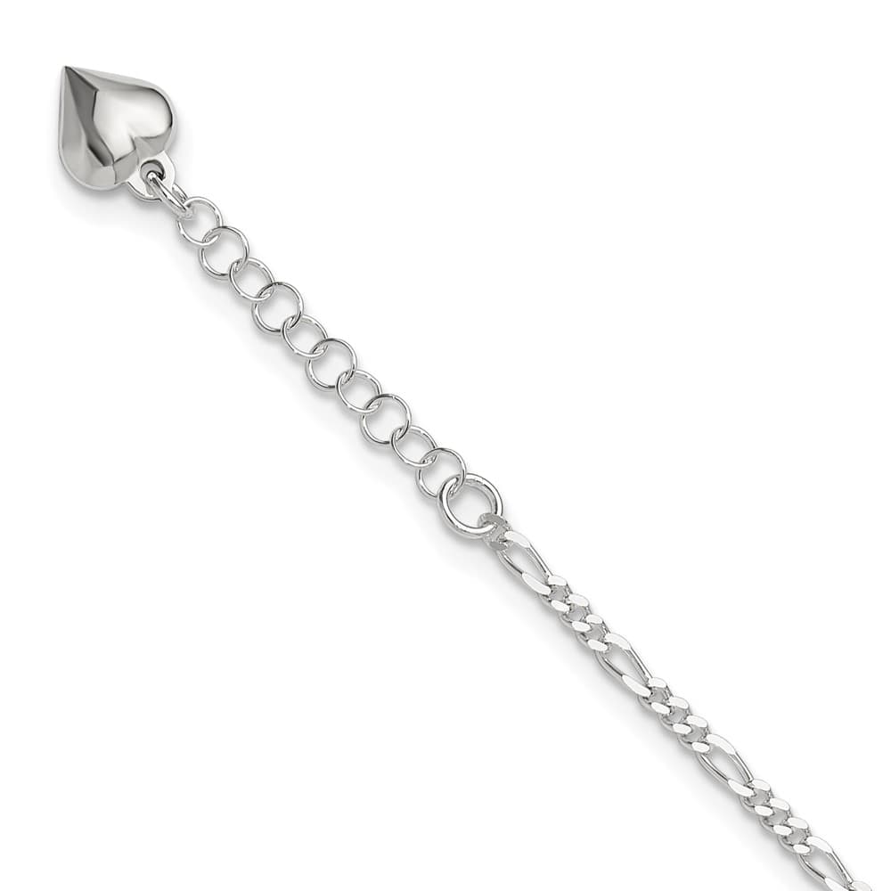 Sterling Silver Figaro with Puffed Heart Dangle Anklet — .925 sterling silver, 10 inches long, 1 inch extension, 2 mm wide, lobster clasp, 2.79 g