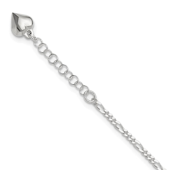 Sterling Silver Figaro with Puffed Heart Dangle Anklet — .925 sterling silver, 10 inches long, 1 inch extension, 2 mm wide, lobster clasp, 2.79 g