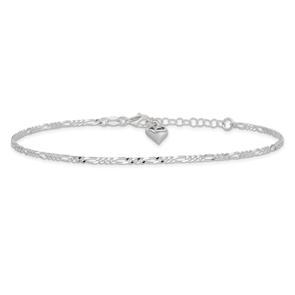 Sterling Silver Figaro with Puffed Heart Dangle Anklet