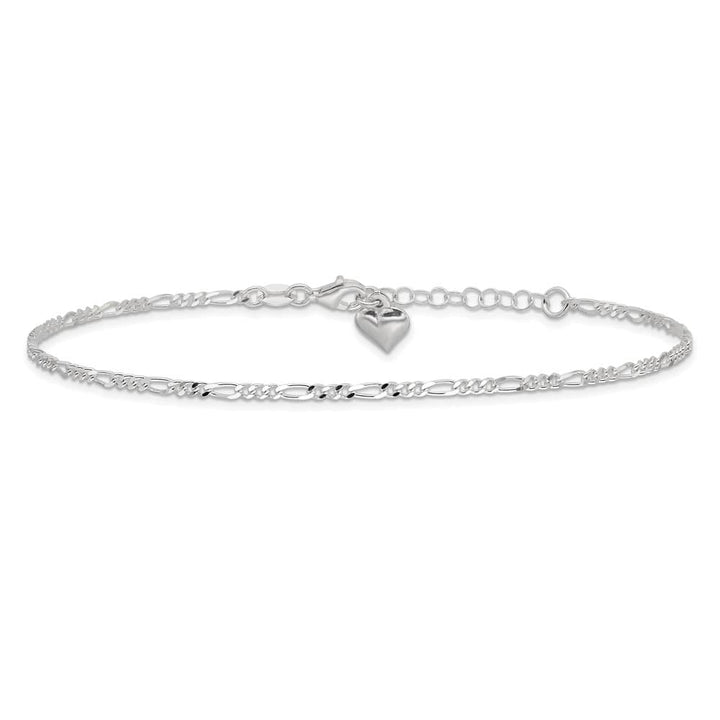 Sterling Silver Figaro with Puffed Heart Dangle Anklet