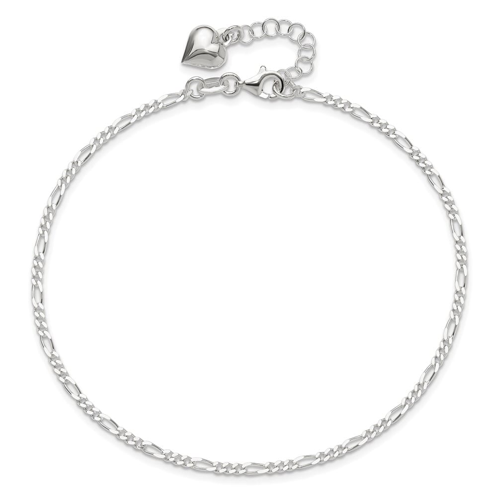 Sterling Silver Figaro with Puffed Heart Dangle Anklet