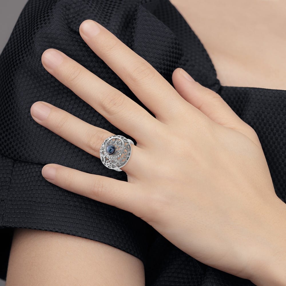 Sterling Silver Filigree Pattern CZ Accented Black Pearl Ring