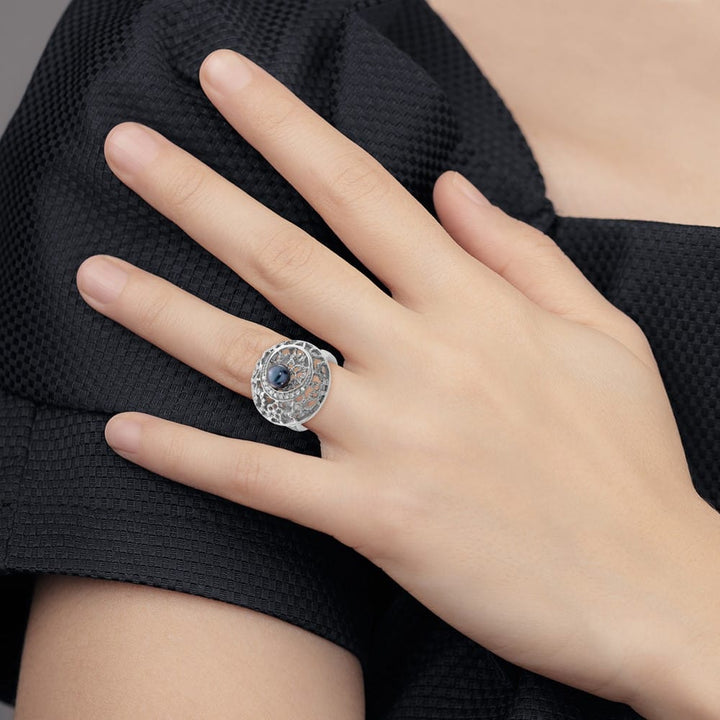 Sterling Silver Filigree Pattern CZ Accented Black Pearl Ring