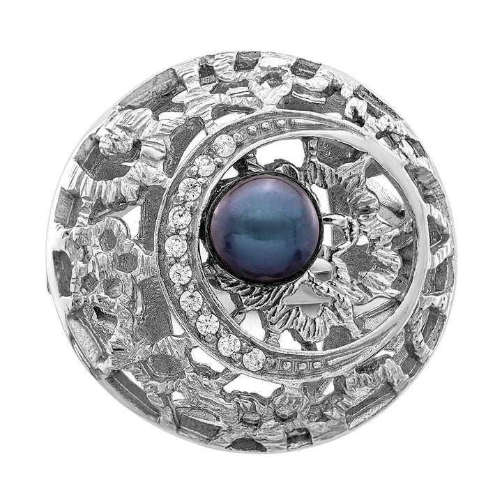 Sterling Silver Filigree Pattern CZ Accented Black Pearl Ring