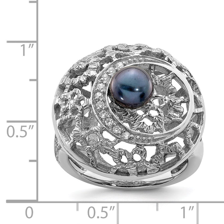 Sterling Silver Filigree Pattern CZ Accented Black Pearl Ring