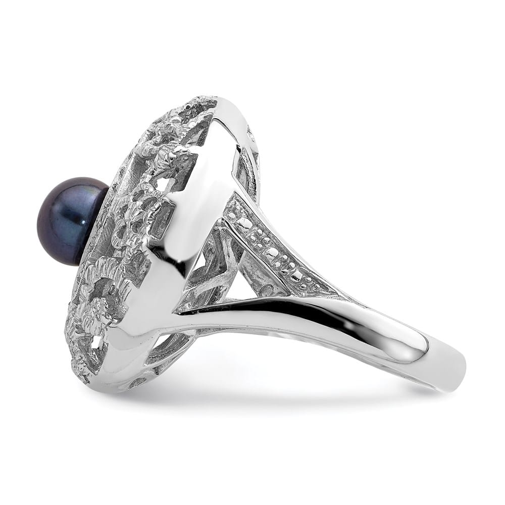 Sterling Silver Filigree Pattern CZ Accented Black Pearl Ring