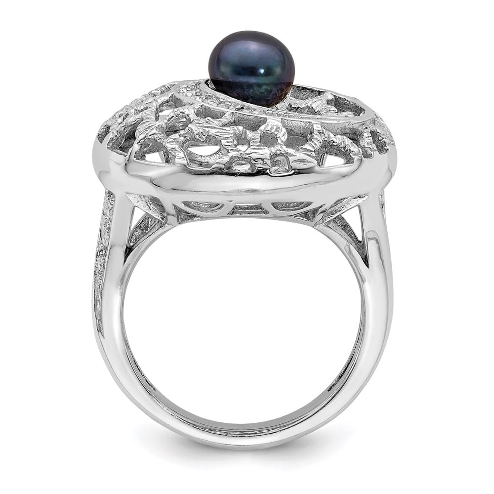 Sterling Silver Filigree Pattern CZ Accented Black Pearl Ring