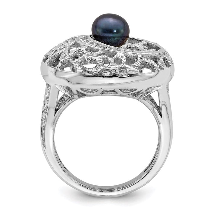 Sterling Silver Filigree Pattern CZ Accented Black Pearl Ring