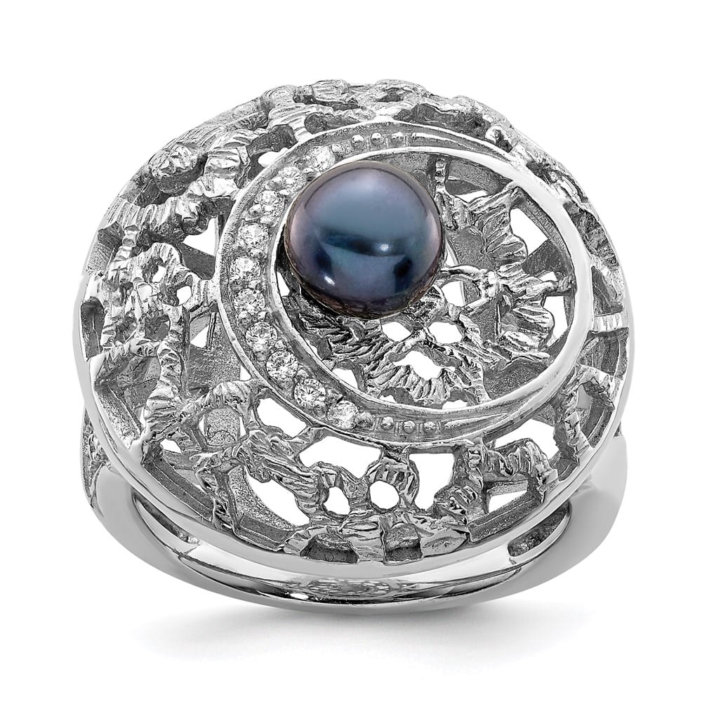 Sterling Silver Filigree Pattern CZ Accented Black Pearl Ring