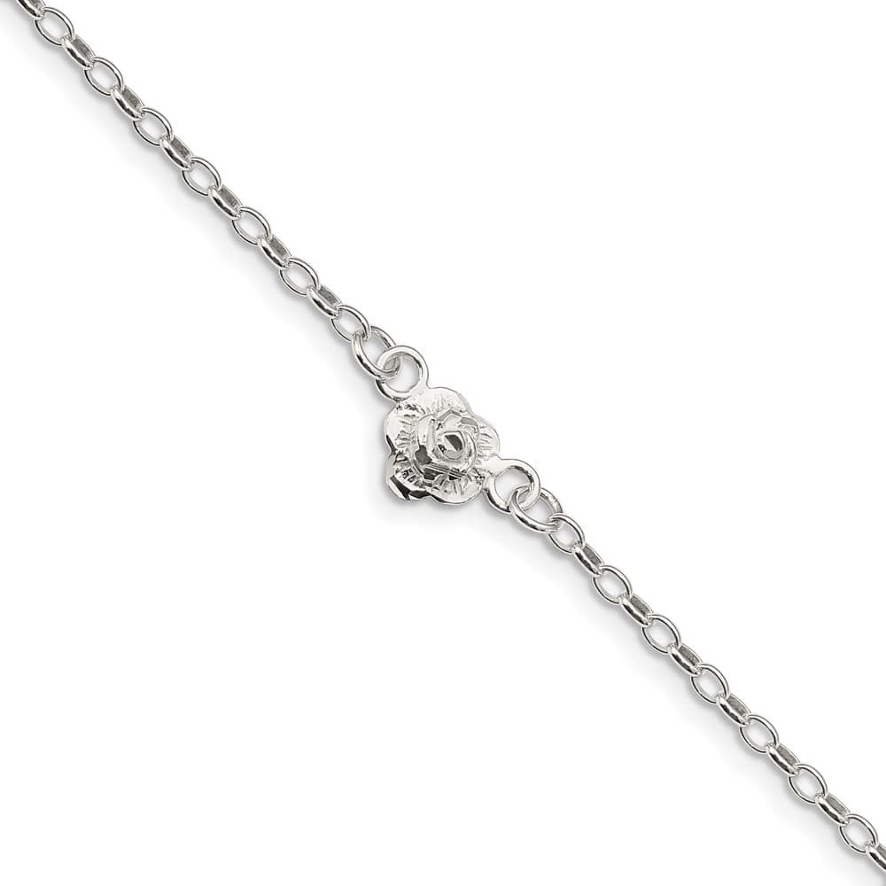 Sterling Silver Flower Charm Anklet — .925 sterling silver, 9 inches long, 2 mm wide, lobster clasp, 2.57 g