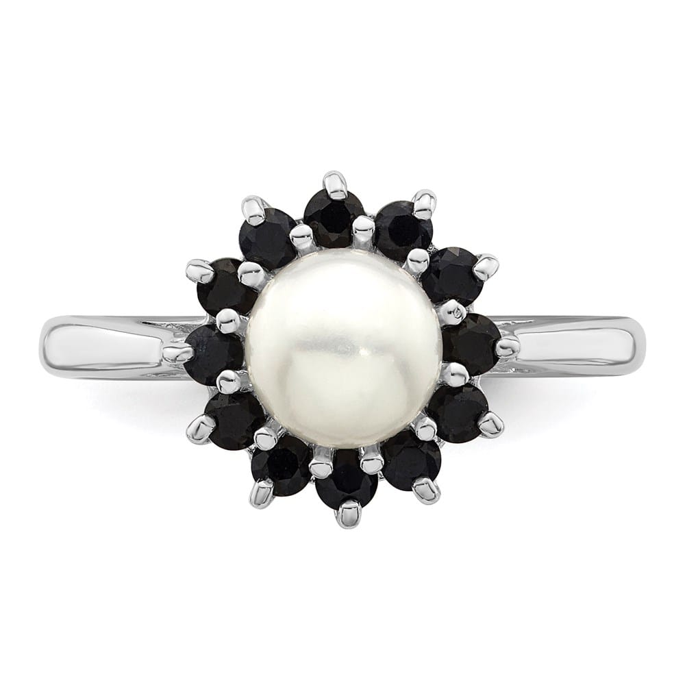Sterling Silver Freshwater Cultured Button Pearl and Sapphire Ring