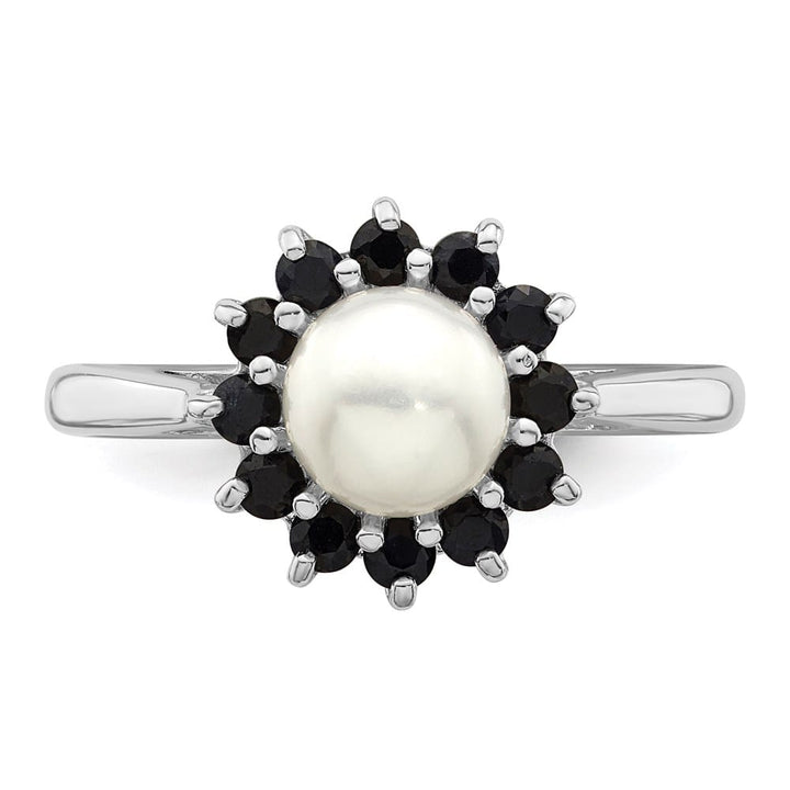Sterling Silver Freshwater Cultured Button Pearl and Sapphire Ring