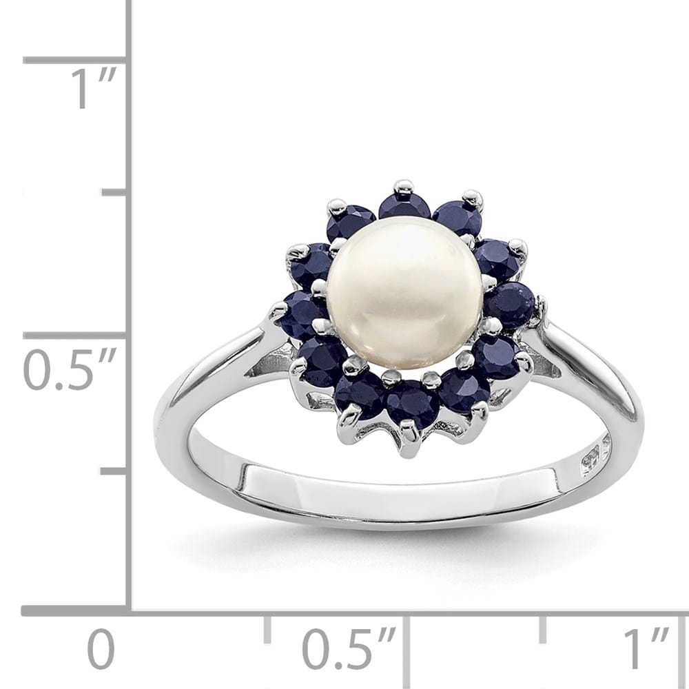 Sterling Silver Freshwater Cultured Button Pearl and Sapphire Ring