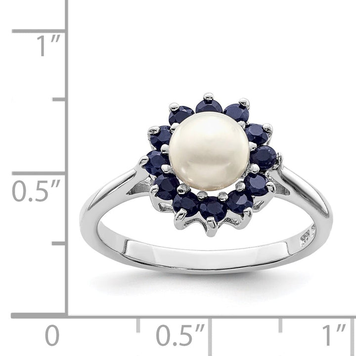 Sterling Silver Freshwater Cultured Button Pearl and Sapphire Ring