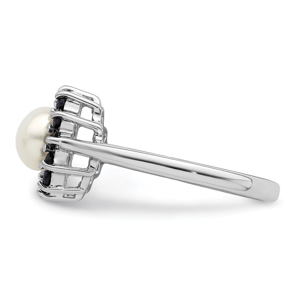 Sterling Silver Freshwater Cultured Button Pearl and Sapphire Ring