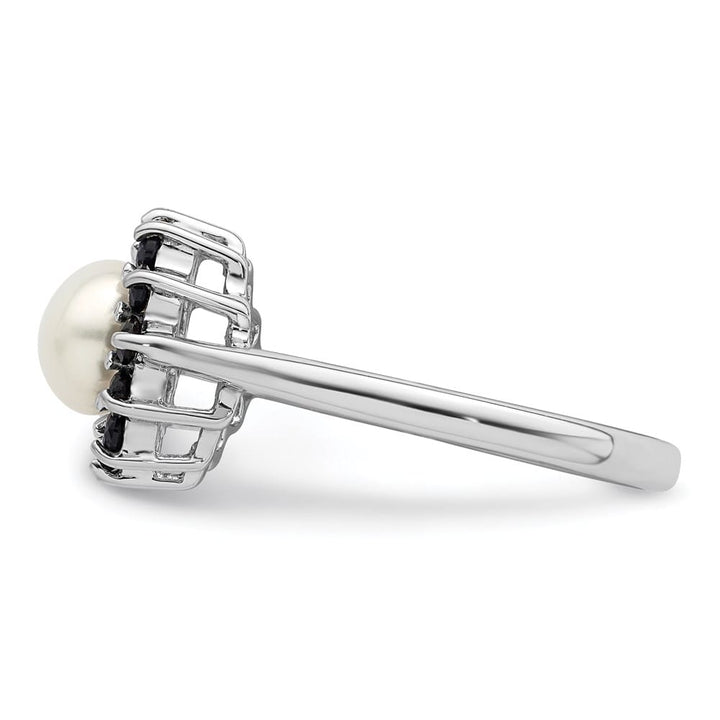 Sterling Silver Freshwater Cultured Button Pearl and Sapphire Ring