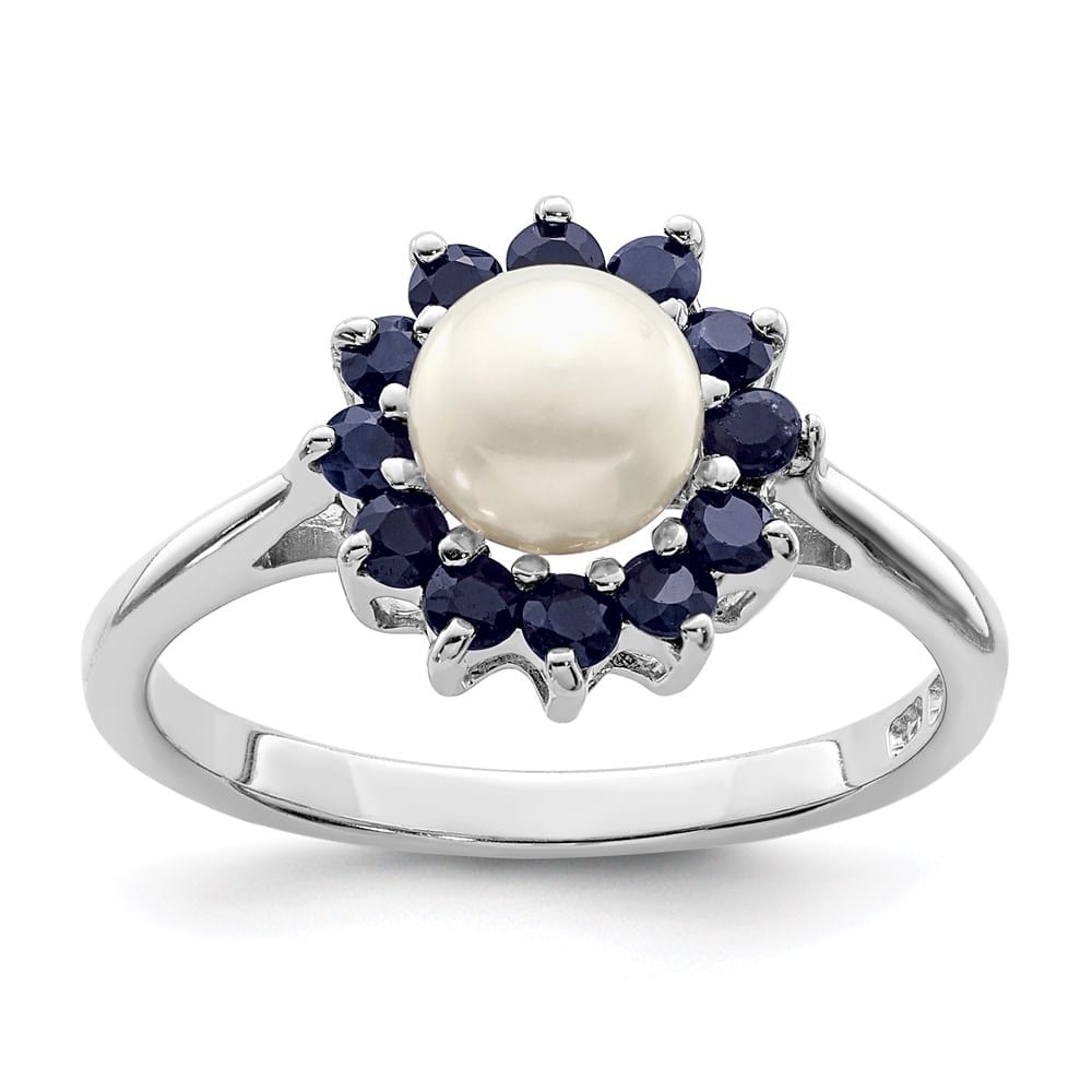 Sterling Silver Freshwater Cultured Button Pearl and Sapphire Ring