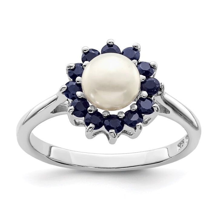 Sterling Silver Freshwater Cultured Button Pearl and Sapphire Ring