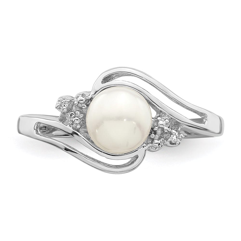 Sterling Silver Freshwater Cultured Button Pearl Diamond 6.5 mm Ring