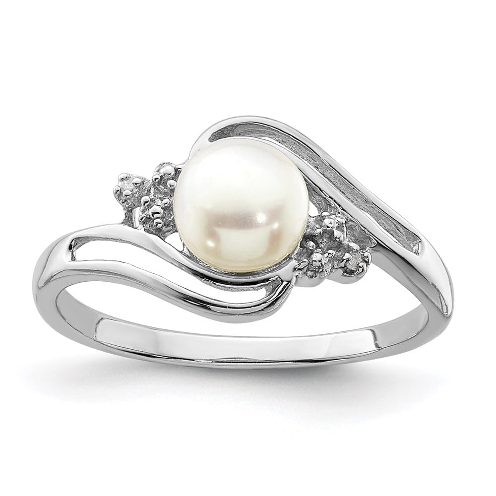 Sterling Silver Freshwater Cultured Button Pearl Diamond 6.5 mm Ring