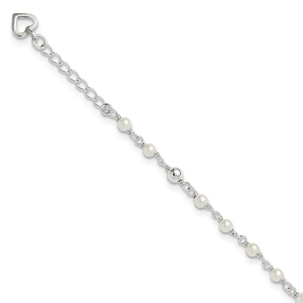 Sterling Silver Freshwater Cultured Pearl and Heart Anklet — .925 sterling silver, 10 inches long, 1 inch extension, 3 mm wide, spring ring clasp, 2.60 g