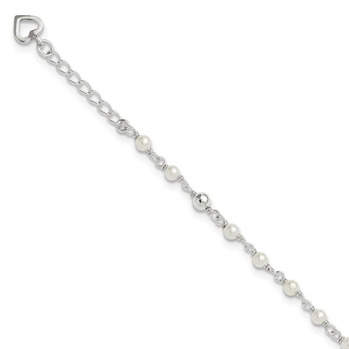 Sterling Silver Freshwater Cultured Pearl and Heart Anklet — .925 sterling silver, 10 inches long, 1 inch extension, 3 mm wide, spring ring clasp, 2.60 g