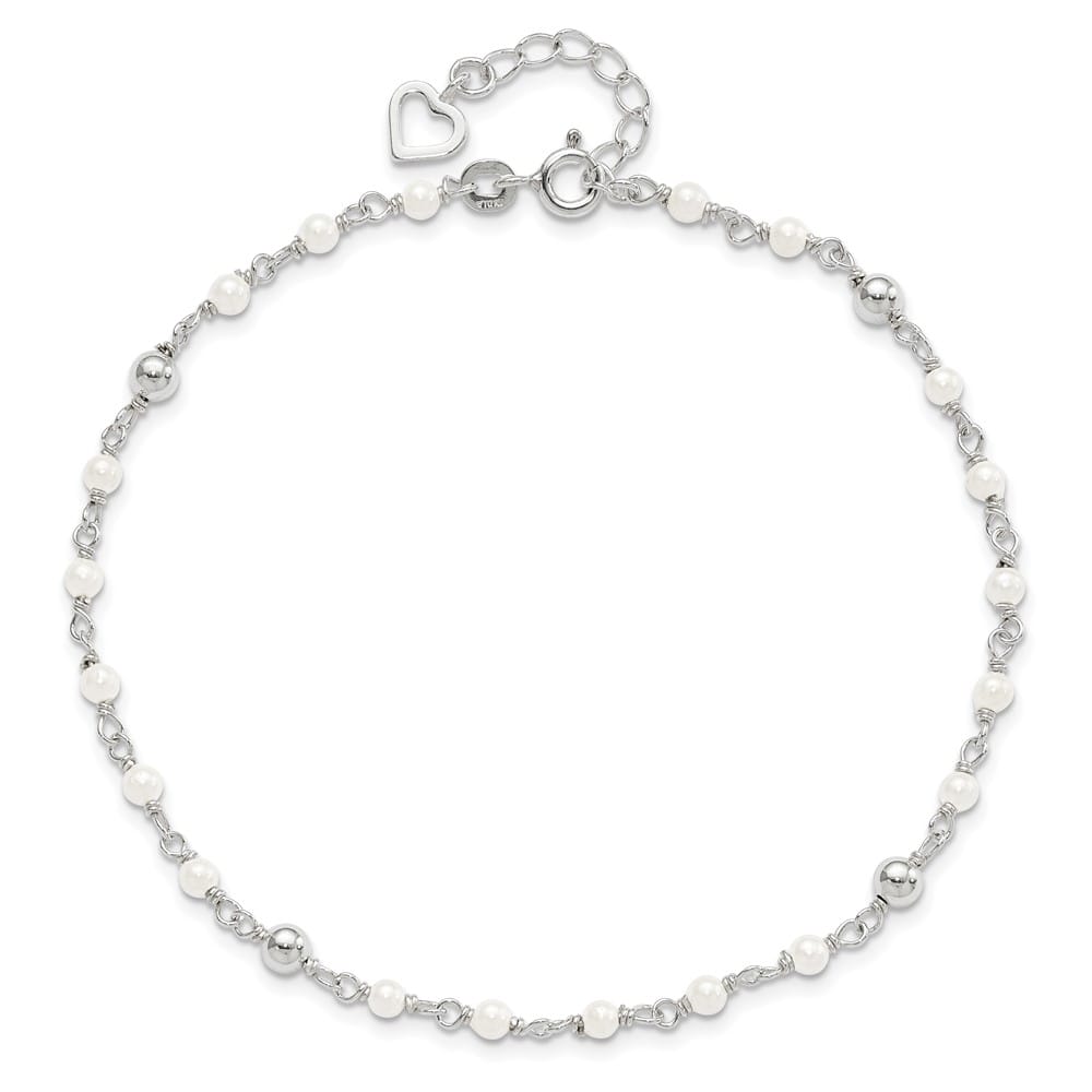 Sterling Silver Freshwater Cultured Pearl and Heart Anklet