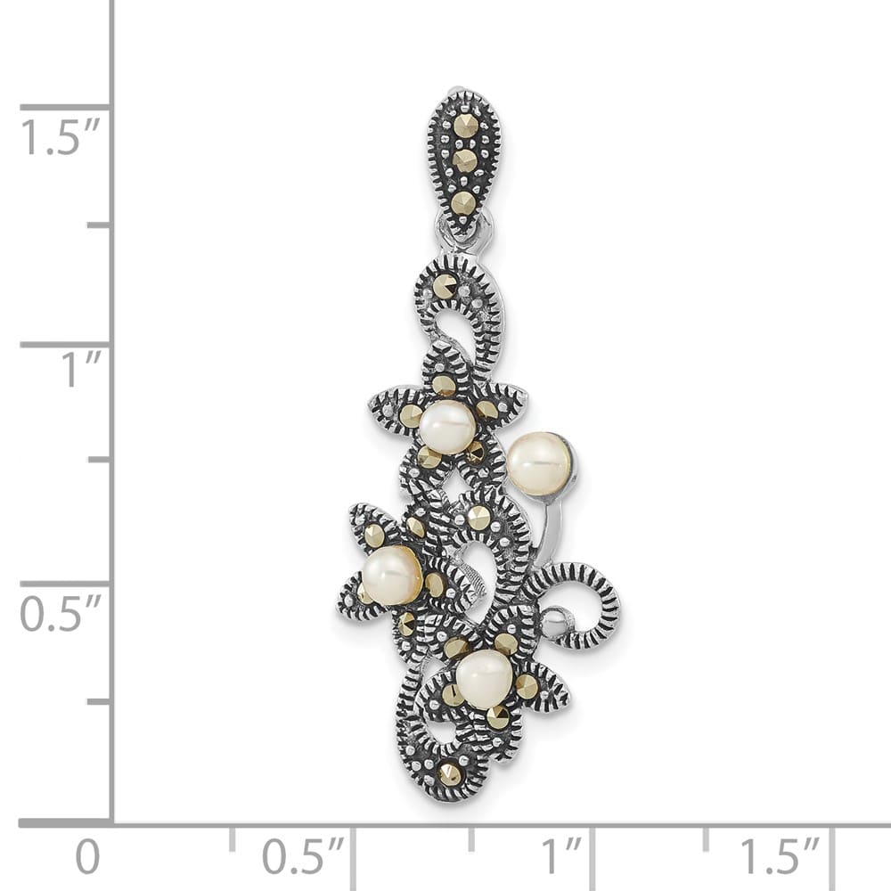 Sterling Silver Freshwater Pearl and Marcasite Floral Chain Slide
