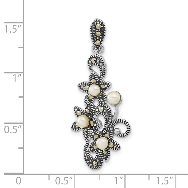Sterling Silver Freshwater Pearl and Marcasite Floral Chain Slide