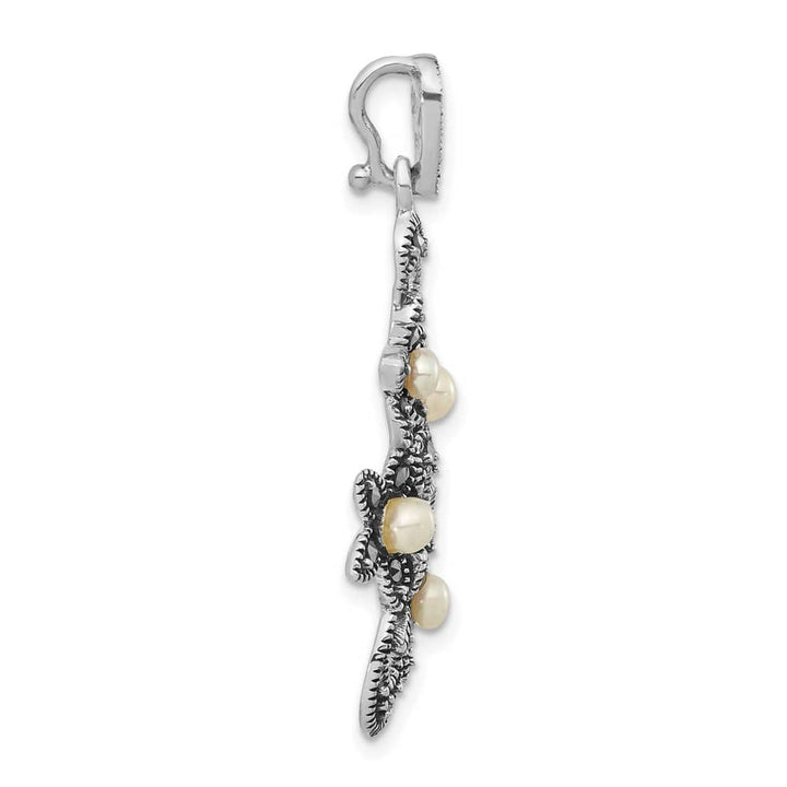 Sterling Silver Freshwater Pearl and Marcasite Floral Chain Slide