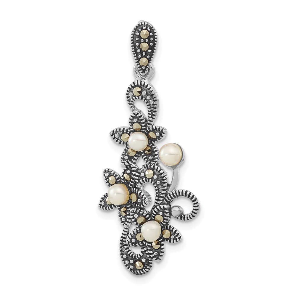 Sterling Silver Freshwater Pearl and Marcasite Floral Chain Slide