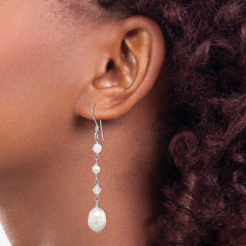 Sterling Silver Fwc Pearl/Opalite Crystal/Crystal Dangle Earrings, view 3 of 4