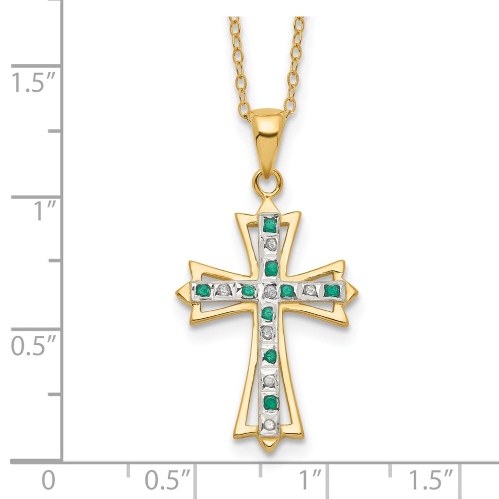 Sterling Silver Gold-tone Diamond and Emerald Cross 18 inch Necklace