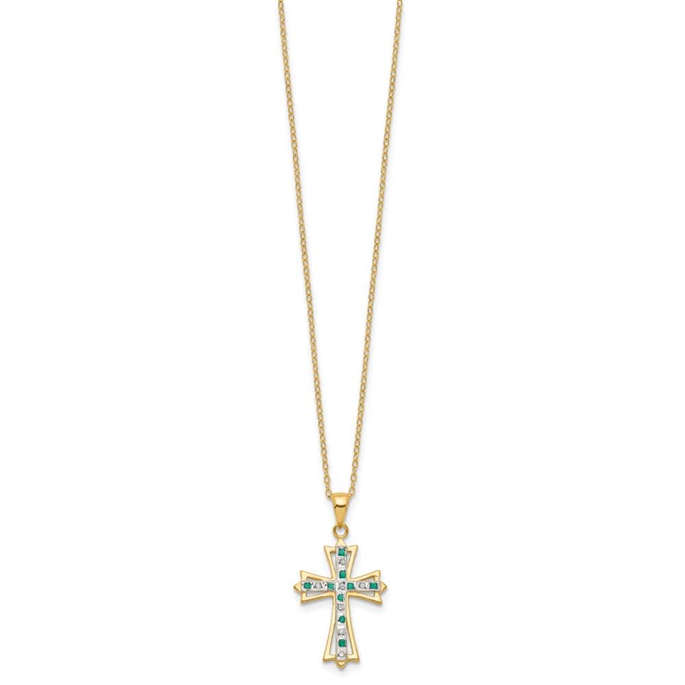 Sterling Silver Gold-tone Diamond and Emerald Cross 18 inch Necklace
