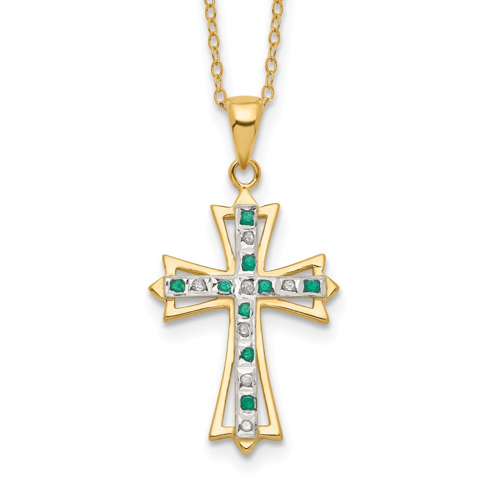 Sterling Silver Gold-tone Diamond and Emerald Cross 18 inch Necklace