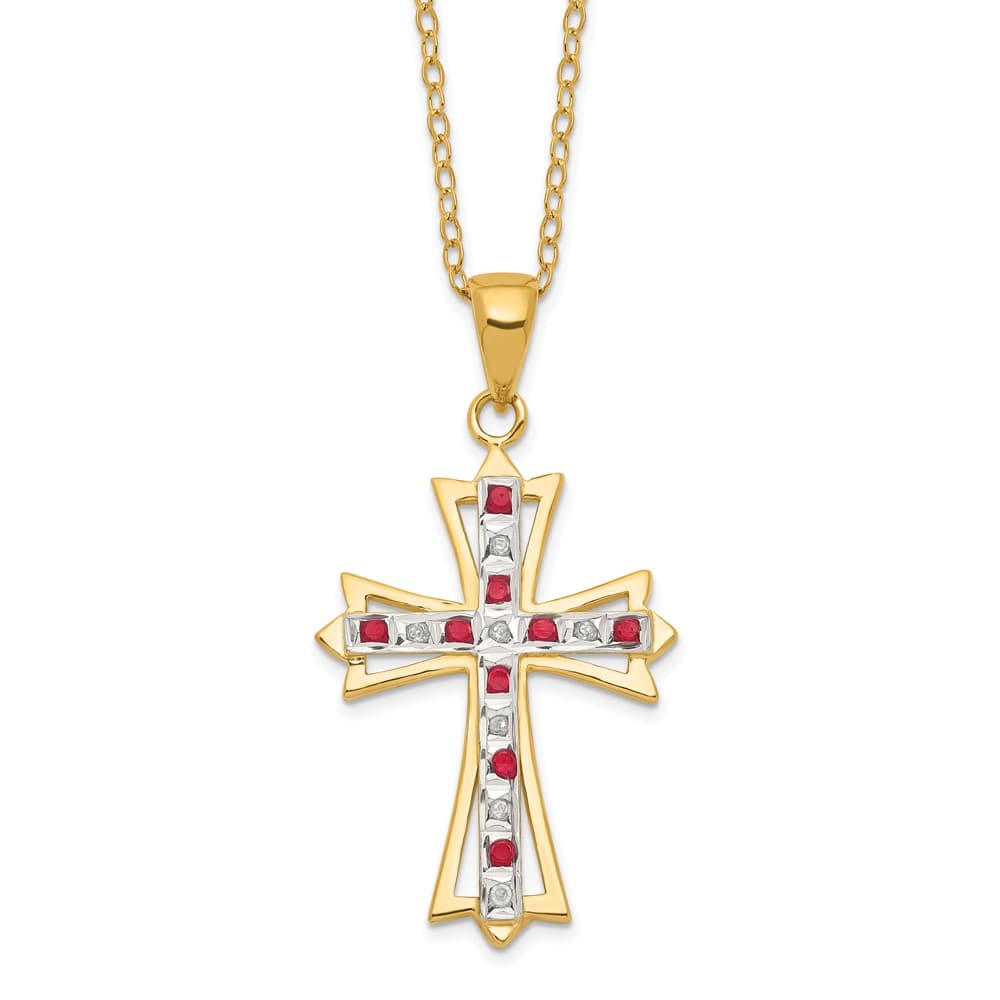 Sterling Silver Gold-tone Diamond and Ruby Cross 18 inch Necklace