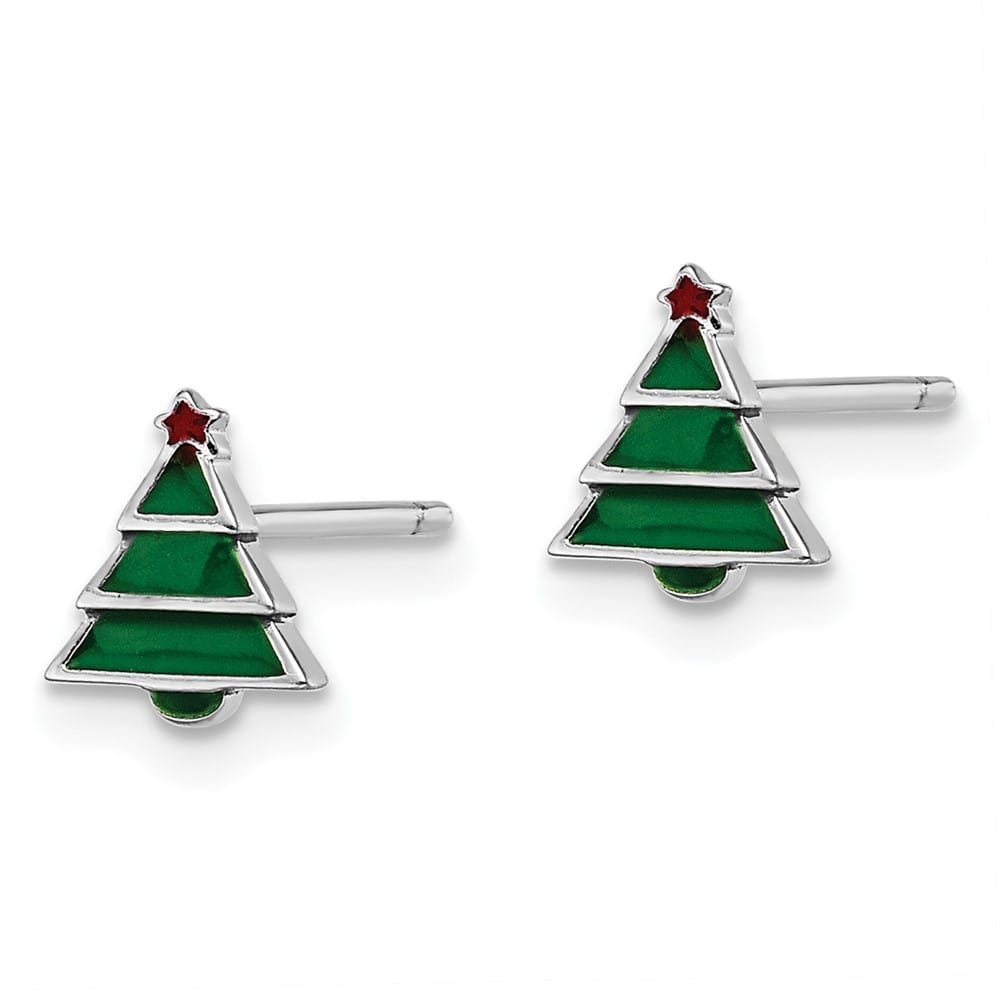 Sterling Silver Green Christmas Tree with Red Star Post Earrings