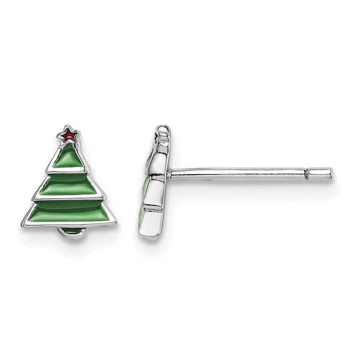 Sterling Silver Green Christmas Tree with Red Star Post Earrings