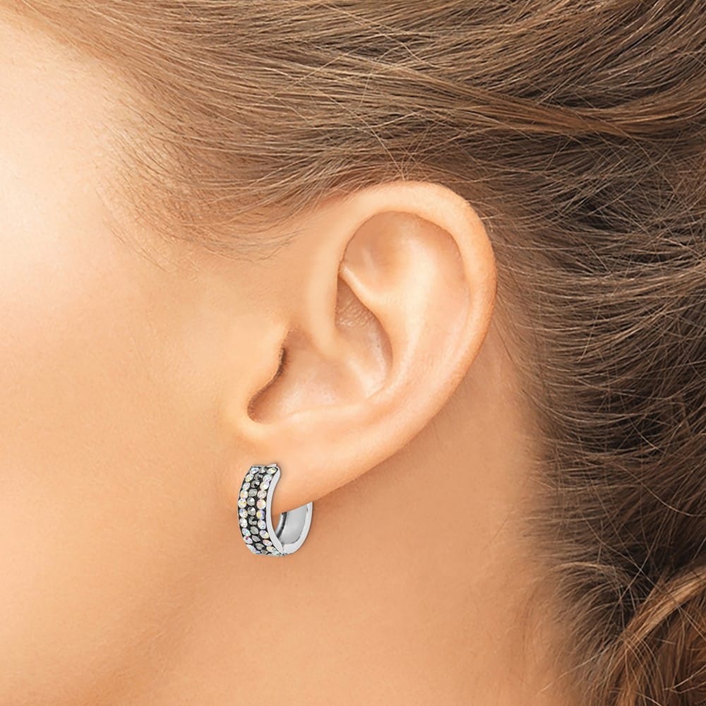 Sterling Silver Grey/Rainbow Preciosa Hinged Hoop Earrings