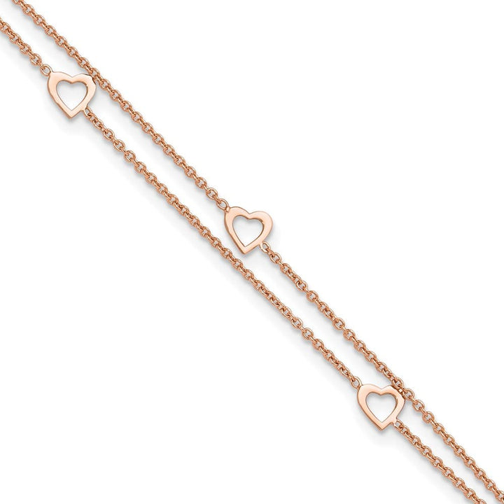 Sterling Silver Heart 2-Strand on Cable Link Anklet — .925 sterling silver, 10 inches long, 1 inch extension, 1 mm wide, spring ring clasp, 2.06 g