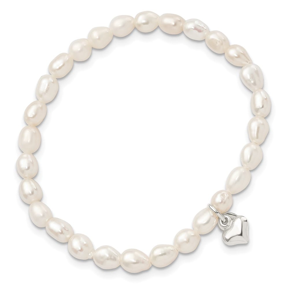 Sterling Silver Heart and Polished FWC Pearl 45mm Stretch Bracelet