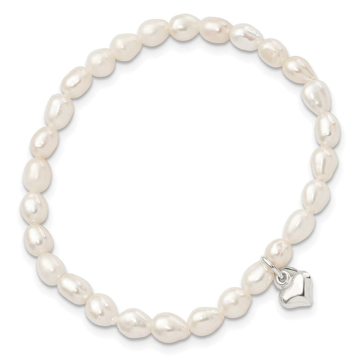 Sterling Silver Heart and Polished FWC Pearl 45mm Stretch Bracelet