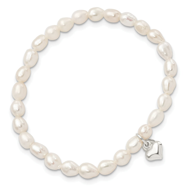 Sterling Silver Heart and Polished FWC Pearl 45mm Stretch Bracelet
