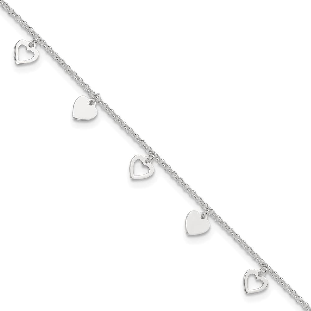 Sterling Silver Heart Charms 1.5 mm Anklet — .925 sterling silver, 10 inches long, 1 inch extension, 1.5 mm wide, lobster clasp, 2.90 g