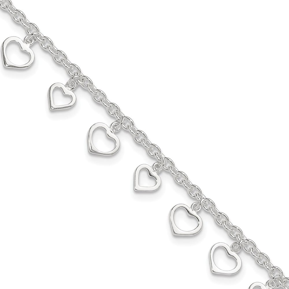 Sterling Silver Heart Charms on Cable Link Anklet — .925 sterling silver, 9 inches long, 1 inch extension, 2.5 mm wide, lobster clasp, 7.29 g